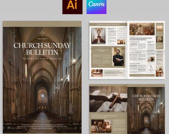 Modello di bollettino parrocchiale, newsletter, brochure o giornale in Illustrator Ai, vettoriale EPS e Canva.