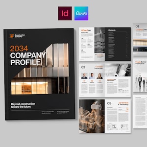Puede incluir: Un folleto de perfil de empresa negro con el texto "2034 COMPANY PROFILE" y las palabras "Beyond construction toward the future." El folleto está abierto para mostrar páginas interiores con fotos y texto. Los logotipos de Adobe InDesign y Canva están en la parte superior izquierda.