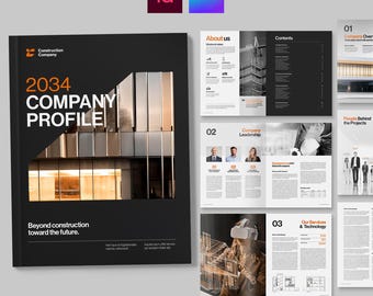 Modello di profilo aziendale con tema del settore edile in Canva, InDesign INDD e IDML