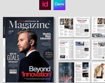 Modello di rivista moderno, marketing aziendale, progetti finanziari (Canva, InDesign)