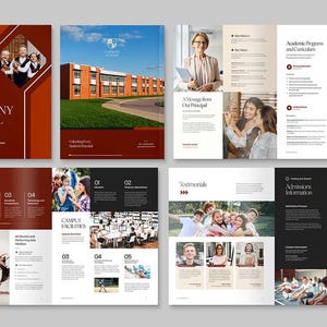 May include: A brochure for Harmony School, featuring a maroon cover with the school's name and logo. Inside, the brochure showcases campus facilities, academic programs, and testimonials, with images of students and staff.