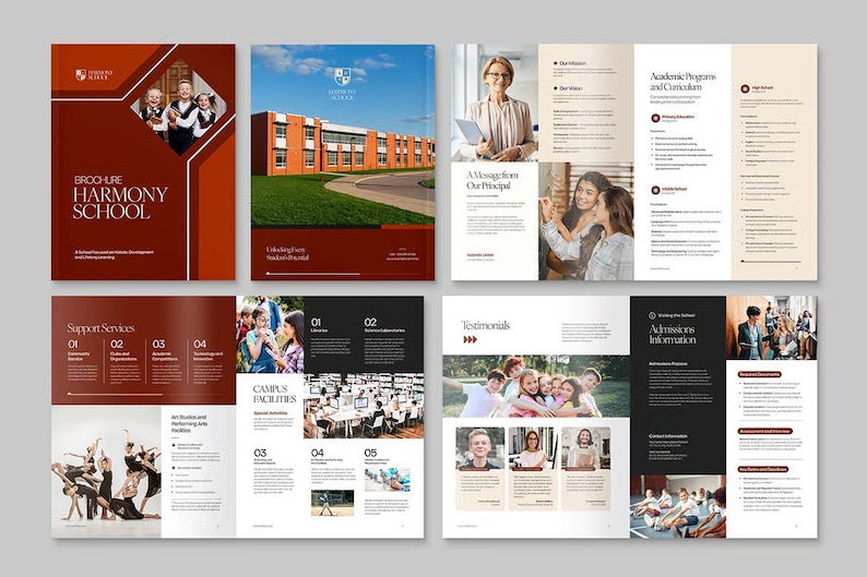 May include: A brochure for Harmony School, featuring a maroon cover with the school's name and logo. Inside, the brochure showcases campus facilities, academic programs, and testimonials, with images of students and staff.