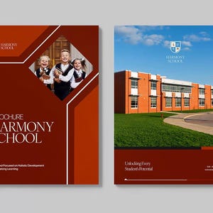 May include: A brochure for Harmony School, featuring a red and white design with the school's logo. The brochure's cover displays a photo of students and the school's name. The right side shows the school building under a blue sky.