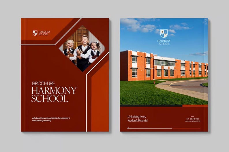 May include: A brochure for Harmony School, featuring a red and white design with the school's logo. The brochure's cover displays a photo of students and the school's name. The right side shows the school building under a blue sky.