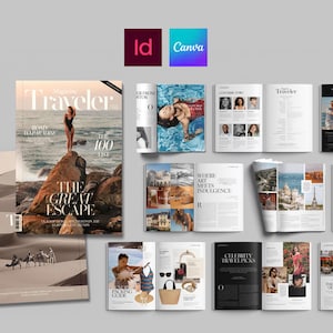Op de afbeelding: Een verzameling open tijdschriften en publicaties, met reis- en lifestyle-thema's. De tijdschriften tonen kleurrijke fotografie, waaronder afbeeldingen van reisbestemmingen, mode en mensen. De tekst bevat "Traveler", "The Great Escape" en "Celebrity Travel Picks".