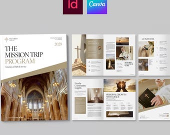 Modello moderno per brochure ecclesiastica e layout per rivista cristiana per missioni di evangelizzazione (Canva, InDesign INDD, IDML)