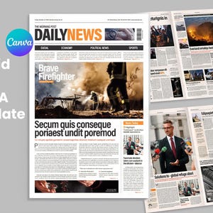 Pode incluir: Um modelo de notícias de tabloide Canva com vários layouts de jornais. A manchete principal diz "DAILY NEWS" com artigos sobre notícias sociais, econômicas, políticas e esportivas. Uma página mostra um bombeiro em uma cena de incêndio.