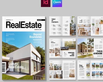 Modello di rivista immobiliare ideale per agenti immobiliari, interior designer e architetti (Canva, InDesign INDD)