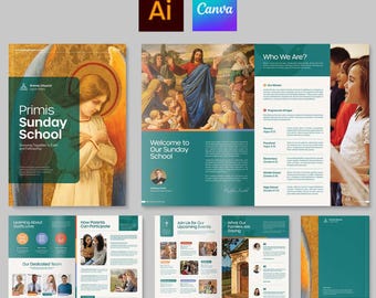 Modello di brochure moderna per la scuola domenicale e il ministero giovanile della chiesa (Illustrator Ai, vettoriale EPS, Canva)