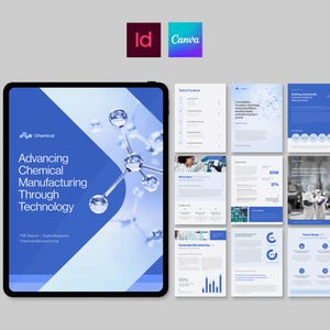 Op de afbeelding: Een digitale magazine-indeling op een tablet, getiteld "Advancing Chemical Manufacturing Through Technology". Het ontwerp heeft een blauw-wit kleurenschema met moleculaire afbeeldingen en de logo's van Adobe InDesign en Canva.