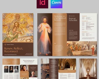 Modello di brochure per chiesa, ritiro spirituale, studio biblico, festività cristiane (Canva, InDesign)