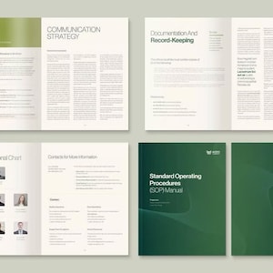 Puede incluir: Una colecci&oacute;n de manuales abiertos y un manual cerrado. Los manuales abiertos muestran texto con t&iacute;tulos como "Procedimiento de retirada de productos" y "Estrategia de comunicaci&oacute;n". El manual cerrado es verde y tiene el t&iacute;tulo "Manual de procedimientos operativos est&aacute;ndar (SOP)".