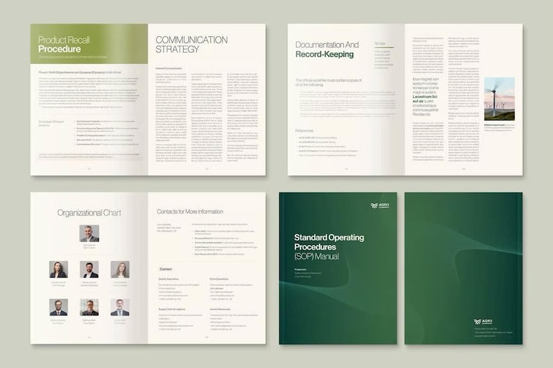 Puede incluir: Una colecci&oacute;n de manuales abiertos y un manual cerrado. Los manuales abiertos muestran texto con t&iacute;tulos como "Procedimiento de retirada de productos" y "Estrategia de comunicaci&oacute;n". El manual cerrado es verde y tiene el t&iacute;tulo "Manual de procedimientos operativos est&aacute;ndar (SOP)".