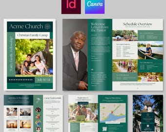 Modello di brochure per campi estivi cristiani per famiglie (Canva, InDesign)