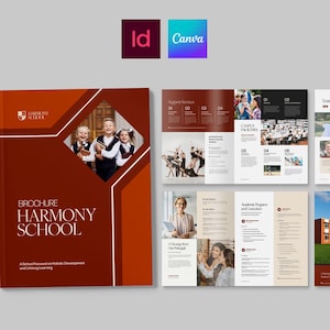 May include: A brochure for Harmony School with a dark red cover featuring the school's name and logo, and images of students. The brochure's interior pages showcase campus facilities and academic programs. The Canva and Adobe InDesign logos are in the top corner.