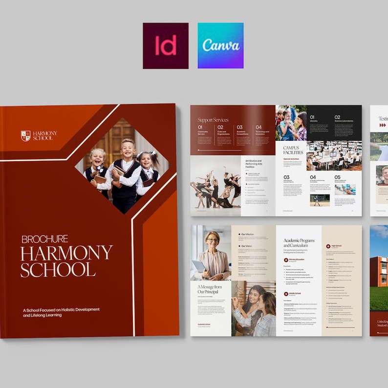 May include: A brochure for Harmony School with a dark red cover featuring the school's name and logo, and images of students. The brochure's interior pages showcase campus facilities and academic programs. The Canva and Adobe InDesign logos are in the top corner.