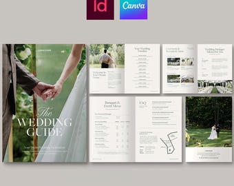 Modello di brochure per location per matrimoni, ideale per hotel e strutture ricettive, per promuovere pacchetti per il giorno delle nozze (Canva, INDD)
