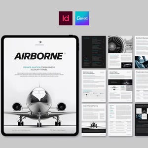 Könnte beinhalten: Digitales Magazin-Layout mit dem Titel "AIRBORNE" für Privatflüge und Luxusreisen. Das Cover zeigt einen eleganten Jet auf einer Landebahn. Zusätzliche Seiten zeigen Inhalte zur Privatfliegerei, einschließlich Wertmaximierung, Flugzeugtypen und Finanzplanung. Das Layout enthält die Logos von Adobe InDesign und Canva.