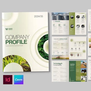 以下が含まれることがあります： 白と緑のデザインの会社概要パンフレット。表紙には「COMPANY PROFILE」と「Sustainable Farming Smart Future」と記載されています。内部ページでは、サービス、研究開発、農業と技術の画像を紹介しています。