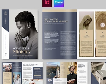 Plantilla de folleto para iglesia – Servicio de extensión del ministerio juvenil cristiano (InDesign, Canva)