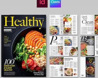 Modello versatile per rivista di cucina e gastronomia, disponibile nei formati Canva, InDesign INDD e IDML.