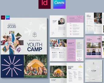 Modello di brochure per campi estivi per ragazzi: volantini estivi e avventura (INDD, Canva)