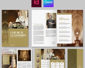 Modello di brochure per la leadership ecclesiastica, progettato in Canva e InDesign (formato IDML e INDD).