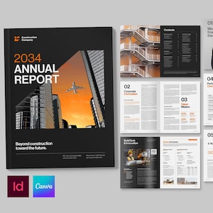 Puede incluir: Una portada de informe anual negra con el texto "2034 ANNUAL REPORT" y el lema "Beyond construction toward the future". La portada presenta un paisaje urbano con un avión contra un cielo naranja. Páginas adicionales muestran contenido y datos.