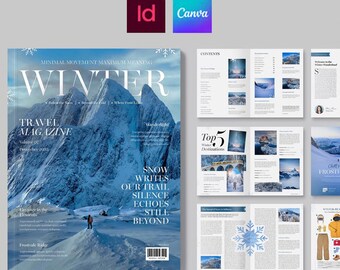 Modello per rivista di viaggi invernali: brochure per avventure sciistiche (Canva, InDesign)