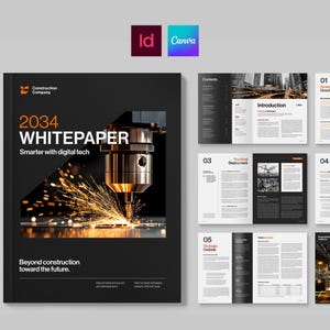 May include: A black and white whitepaper cover with the text "2034 WHITEPAPER" and "Smarter with digital tech". The cover features a close-up of a machine with sparks. The whitepaper is for a construction company.