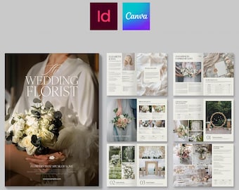 Modello di brochure e layout di catalogo per fioristi specializzati in matrimoni. Compatibile con Canva e InDesign (INDD).