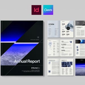 May include: A black and blue annual report with the text "Annual Report" and "Acme Co." The report includes various charts, graphs, and data visualizations. The Adobe InDesign and Canva logos are in the top left corner.