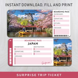 Verrassingsreis instapkaartkaartsjabloon | Bewerkbaar en afdrukbaar | Vakantiecadeau Japans thema | Direct downloaden