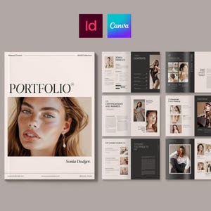 Könnte beinhalten: Ein Make-up-Portfolio mit hellbeigem Cover mit einem Frauenporträt. Der Titel "PORTFOLIO" ist prominent dargestellt. Innenseiten zeigen Make-up-Stile, Zertifizierungen und Styling-Techniken. Logos von Adobe InDesign und Canva.