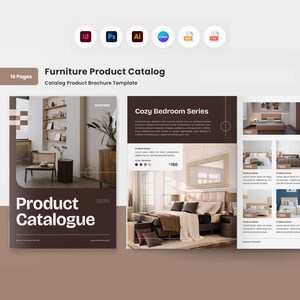 May include: A furniture product catalog brochure template with the text "Product Catalogue" in large white letters. The catalog features images of furniture, including a bedroom set, and the text "Cozy Bedroom Series". The catalog has 16 pages.