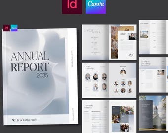 Modello di relazione annuale per la chiesa e layout di brochure per il ministero ecclesiastico in Canva, InDesign, formato INDD, IDML