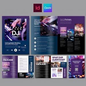 Puede incluir: Folleto publicitario de paquetes de DJ para bodas y eventos. La portada presenta una mesa de mezclas de DJ con el texto "Wedding Event DJ Packages". El folleto incluye detalles de los paquetes, reseñas de clientes y fotos de eventos. El diseño utiliza tonos morados y azules.