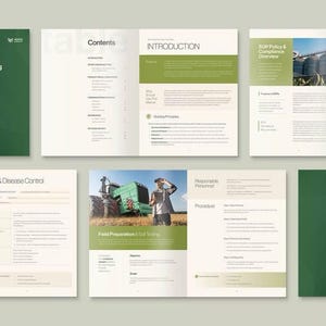 Puede incluir: Dise&ntilde;o de un manual de procedimientos operativos est&aacute;ndar (SOP) con una portada verde y el t&iacute;tulo "Standard Operating Procedures (SOP) Manual". Las p&aacute;ginas incluyen "Contents", "Introduction" y "Post & Disease Control".