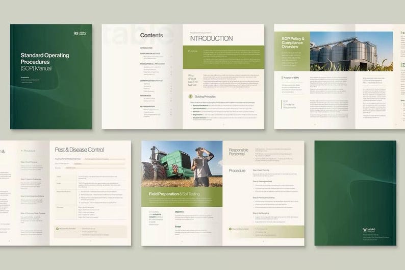 Puede incluir: Dise&ntilde;o de un manual de procedimientos operativos est&aacute;ndar (SOP) con una portada verde y el t&iacute;tulo "Standard Operating Procedures (SOP) Manual". Las p&aacute;ginas incluyen "Contents", "Introduction" y "Post & Disease Control".