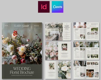 Plantilla de folleto para floristerías nupciales, ideal para organizadores de bodas y lugares de celebración. Compatible con Canva e InDesign.