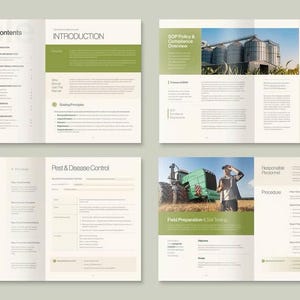 Puede incluir: Folleto con fondo beige claro y detalles en verde. Las p&aacute;ginas del folleto muestran texto e im&aacute;genes relacionadas con temas agr&iacute;colas, incluyendo "Contenidos", "Introducci&oacute;n" y "Visi&oacute;n general de la pol&iacute;tica y el cumplimiento de SOP".