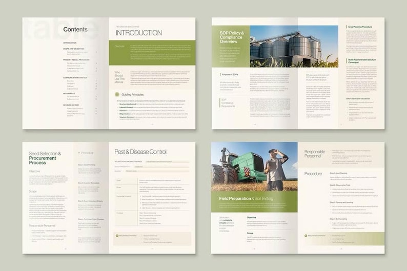 Puede incluir: Folleto con fondo beige claro y detalles en verde. Las p&aacute;ginas del folleto muestran texto e im&aacute;genes relacionadas con temas agr&iacute;colas, incluyendo "Contenidos", "Introducci&oacute;n" y "Visi&oacute;n general de la pol&iacute;tica y el cumplimiento de SOP".
