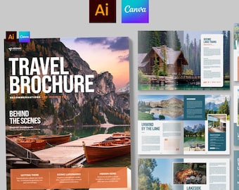 Modello di brochure di viaggio, impaginazione di rivista turistica (AI, EPS, Canva)