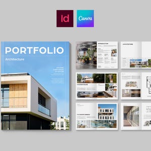 Op de afbeelding: Een portfolio getiteld "PORTFOLIO Architecture" met een modern huisontwerp op de cover. De afbeelding toont ook een open brochure met architectonische ontwerpen en de logo's voor InDesign en Canva.