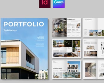 Modello per portfolio di architettura. Progettato con Canva e InDesign (INDD, IDML).