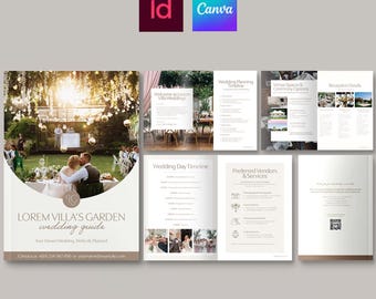 Modello di guida e layout per brochure di matrimonio per location di cerimonia e ricevimento (Canva, InDesign)