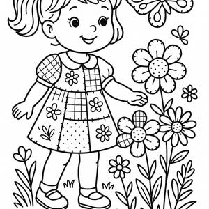 Può includere: Illustrazione in bianco e nero di una bambina con un vestito, circondata da fiori, una farfalla e una coccinella. La bambina sorride e allunga la mano verso i fiori.
