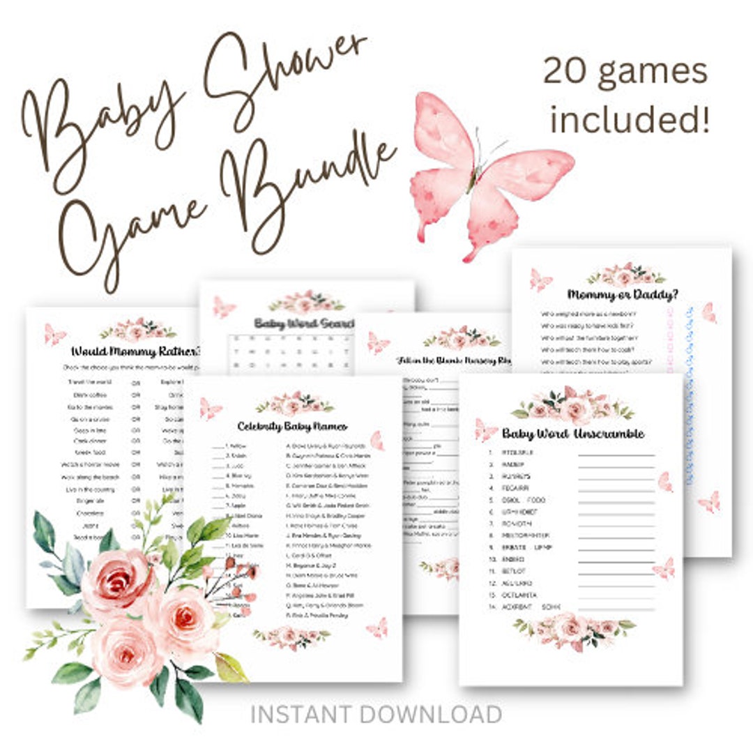 Baby Shower Games, Pink Floral Butterfly, Baby Shower Game Bundle, Instant Download Etsy