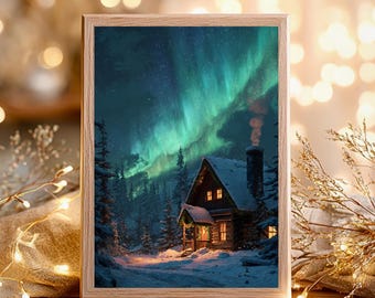 May include: A framed print depicts a cozy cabin nestled in a snowy forest under a vibrant aurora borealis. The artwork features a wooden cabin with lit windows and a smoking chimney, surrounded by snow-covered trees and a starry sky.