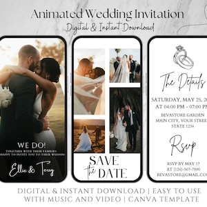 Modèle d'invitation vidéo de mariage numérique animé moderne, faire-part de mariage avec photo et musique, faire gagner la date de mariage, téléchargement immédiat